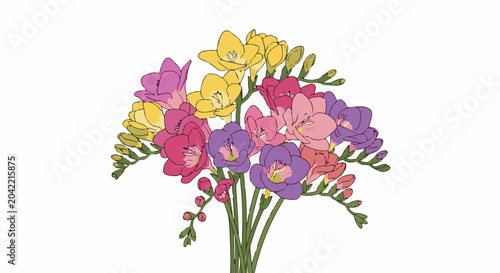 A colorful bouquet of freesia flowers in shades of pink, purple, and yellow
