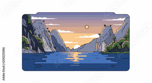 Serene mountain lake scene at sunset with dramatic cliffs and water reflections