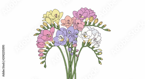 A vibrant bouquet of colorful freesia flowers with green stems
