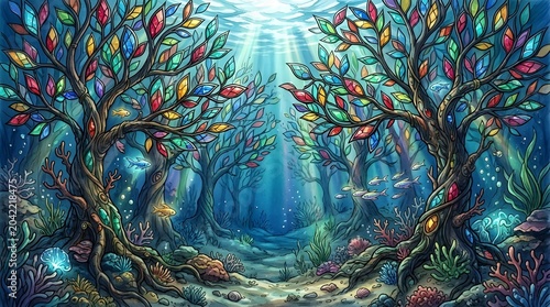 Colorful underwater forest with vibrant fish