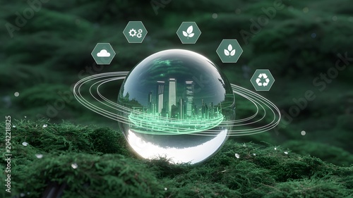 Digital illustration of a planet with city skyline, surrounded by rings and ecological icons, representing sustainable urban development and environmental technology
