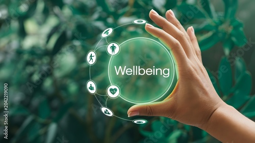 Digital illustration of hand holding a glowing orb with wellbeing icons symbolizing health and positive lifestyle choices