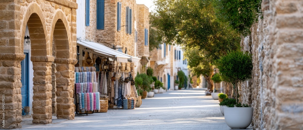 Obraz premium Historic stone street with arches in European town, charming travel destination, peaceful urban architecture, cultural heritage, cozy atmosphere.