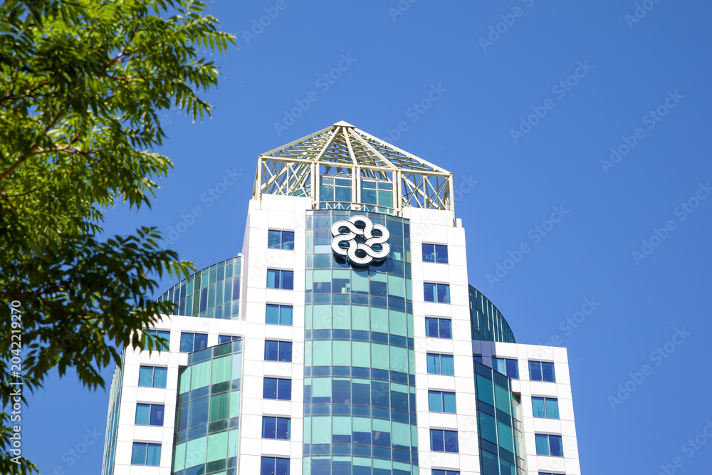 Naklejka premium Toronto, ON, Canada - June 19, 2018: City of Toronto Metro Hall building at 55 John St in downtown Toronto, Ontario, Canada. Metro Hall is an office tower that serves the City of Toronto government.