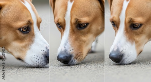 Three close-up views of a dog's head, intensely sniffing the ground