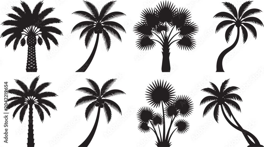 Fototapeta premium Collection of Palm Tree Silhouettes Vector Set Isolated on White