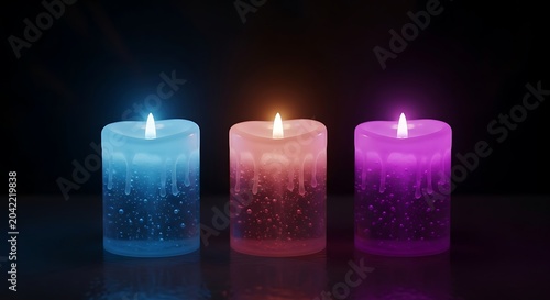 Three colorful candles, glowing and dripping wax, against a dark background