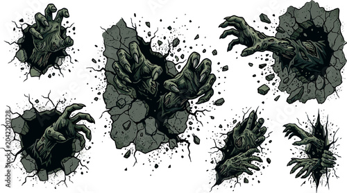 Canvastavla Scary zombie hands breaking through stone wall collection creepy monster claws p