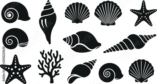 Bild auf Leinwand Sea shells and starfish black silhouette icon set featuring scallop conch marine