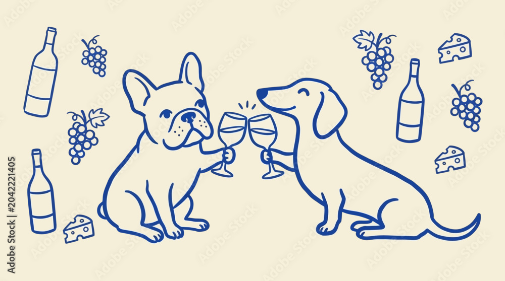Naklejka premium Whimsical naive vector art depicting a cute French bulldog and a dachshund puppy clinking glasses of red wine together in a festive toast celebration, hand-drawn minimalist flat cartoon style