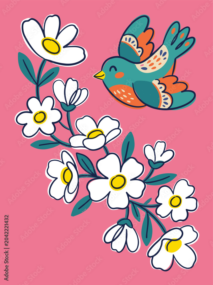 Fototapeta premium Colorful Songbird Among White Flowers on a Pink Background