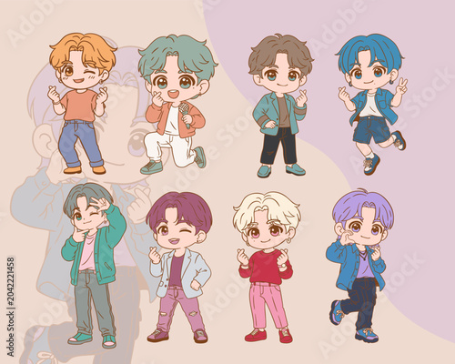 Bild auf Leinwand Cute Kpop Boy Chibi Character Set Cartoon Idol Group Vector Clipart Collection