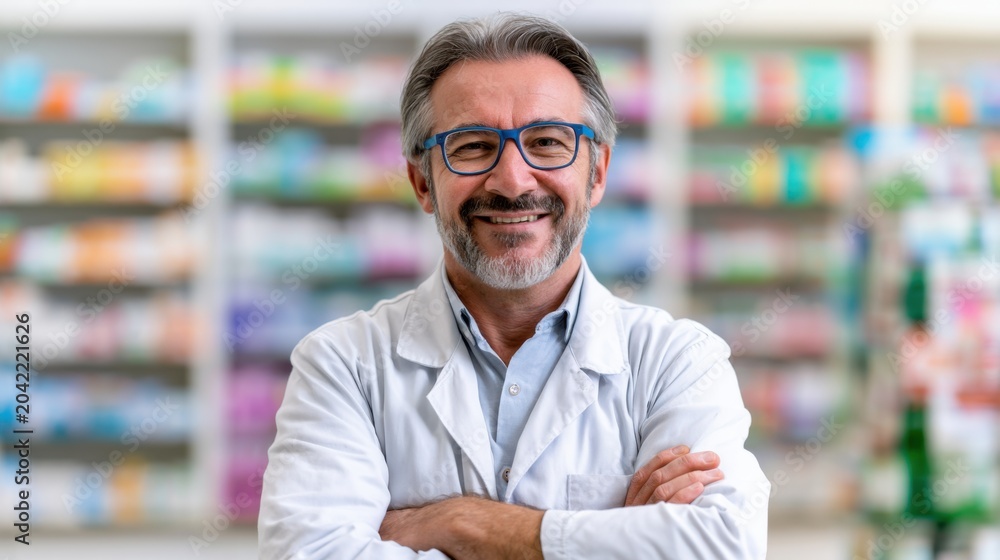 Obraz premium Confident Smiling Male Pharmacist with Gray Hair in Pharmacy