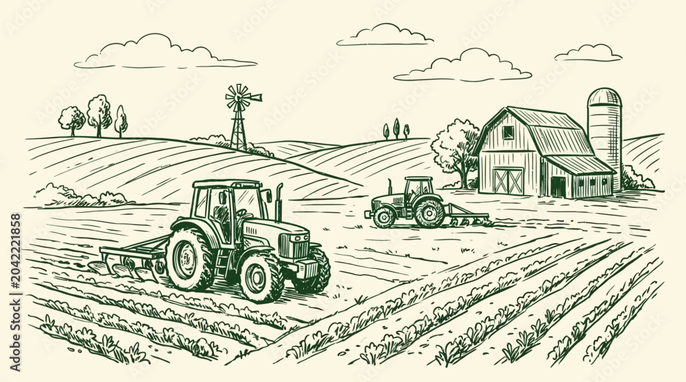 Obraz premium Artistic ink sketch vector illustration featuring a vintage agricultural tractor operating in a vast rural farm landscape with rolling hills and traditional barn house scenery.