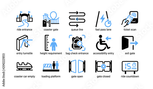 Theme park icons showing ride entrance, gates and accessibility