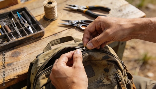Hands repairing vintage leather bag at workbench