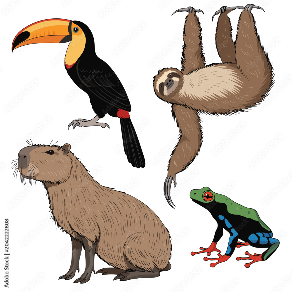 Fototapeta premium Tropical Rainforest Exotic Wildlife Vector Sticker Set