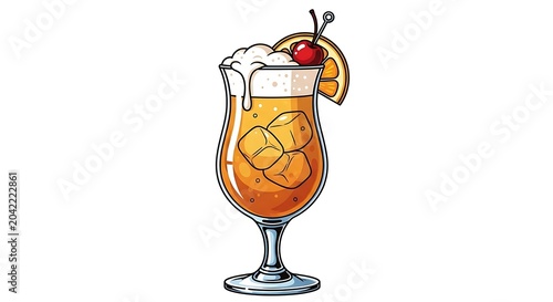 Tall glass with amber liquid, ice cubes, frothy top, orange slice, cherry garnish