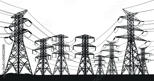 Obraz na plátně Set of electricity transmission towers with cable wires for industrial power gr