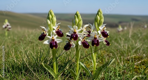 Three delicate white and deep red orchids bloom in a grassy, rolling landscape