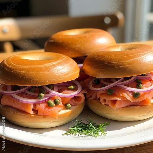 Three delicious bagels filled with smoked salmon, red onion slices, and capers