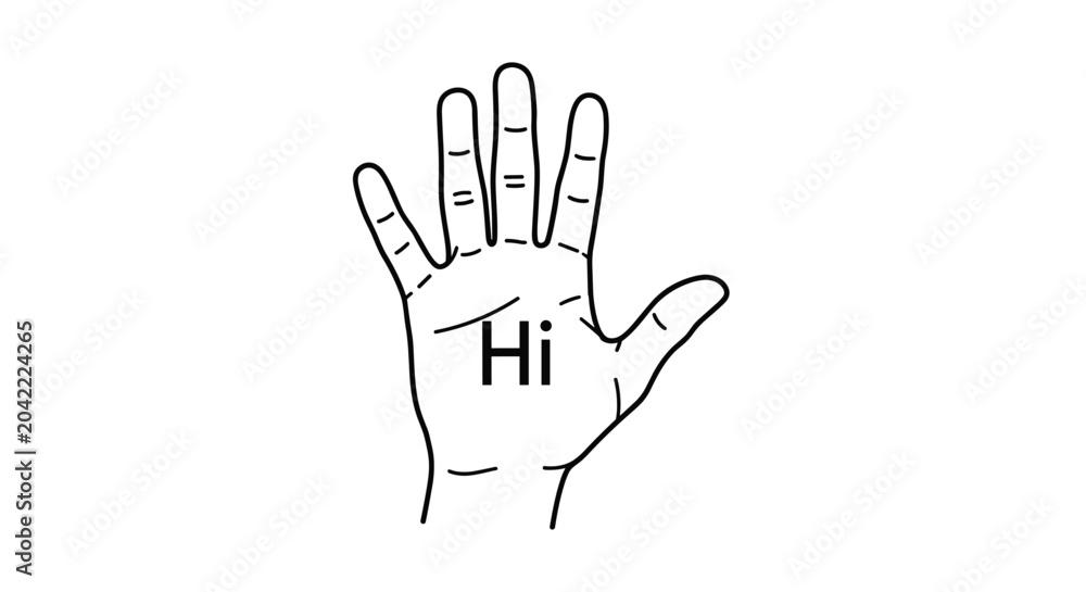 Fototapeta premium Simple black and white line drawing of an open human hand palm with the greeting word hi written in the center.
