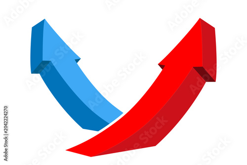 Two 3d curved arrows, red and blue, pointing upwards, symbolizing convergence, competition, or shared progress.