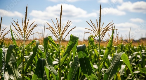 Tall green corn stalks sway under a bright blue sky with fluffy white clouds