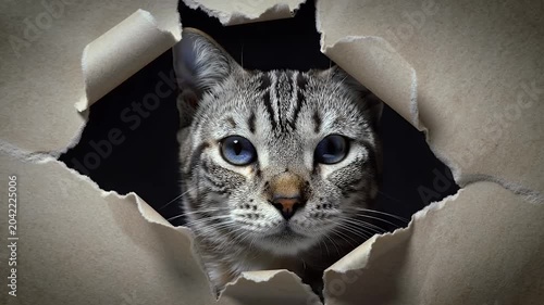 Curious tabby cat peeking through torn cardboard with wide eyes and whiskers