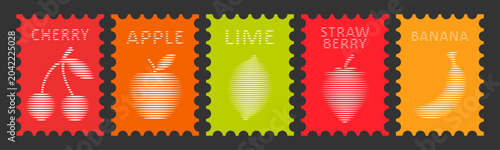 Vintage Postage Stamp Fruit Collection with Halftone Lines Hologram Effect, Retro Cherry Apple Lime Strawberry Banana Stamps Set, Striped Fruit Vector Illustration, Modern Abstract Colorful Postal Lab