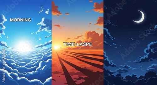 Three distinct sky panels depicting morning, sunset, and night with subtle textual overlays