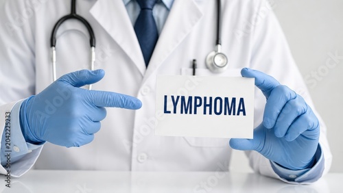 Healthcare Professional in White Lab Coat Holding Sign with Lymphoma Text Highlights Medical Diagnosis Cancer Awareness and Oncology Treatment Plans