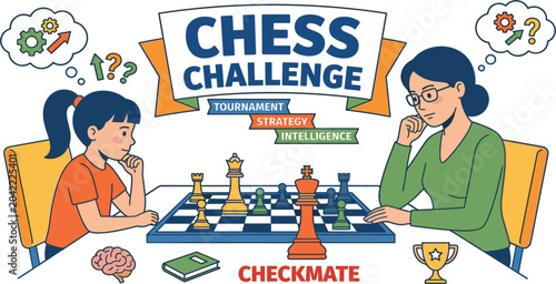 Bild auf Leinwand Chess Challenge Tournament Vector Banner Concept Featuring Mother and Daughter P
