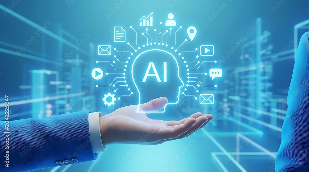 Fototapeta premium Businessman presenting artificial intelligence concept with glowing blue icons and symbols