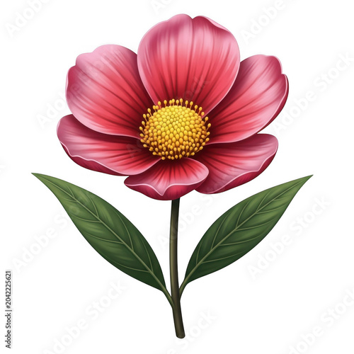 Vibrant pink anemone flower with green leaves isolated on transparent background
