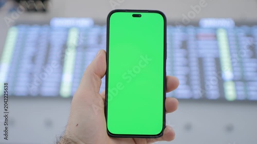 Hand holds smartphone with green screen. Background shows blurred stock ticker board. Focus remains on phone's screen throughout. Scene suggests finance or trading theme. No animals or plants visible