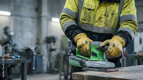Person in yellow safety jacket using green power tool on wooden plank in workshop