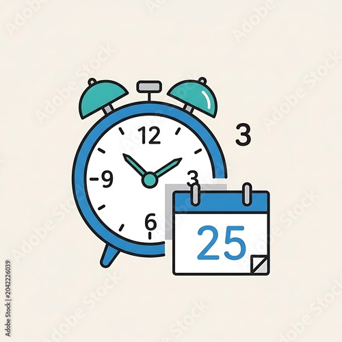 Teal alarm clock and calendar showing the 25th, symbolizing time and appointments