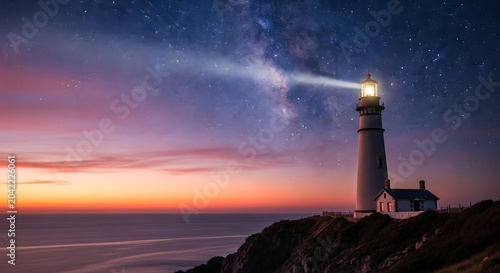 Tall lighthouse guides ships with bright beam on rocky coast under starry, twilight sky