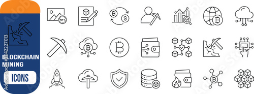 Blockchain cryptocurrency digital mining line icons. bitcoin icon set, pickaxe icon set, wallet icon set