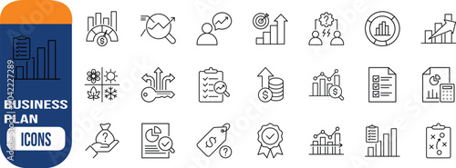 Business strategy analysis growth planning icons. graph icon set, magnifying glass icon set, checklist icon set