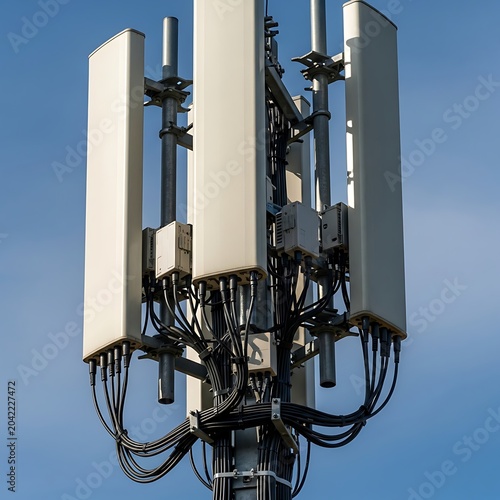 Tall metal tower with white panels and many black cables against blue sky