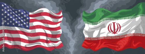 фотографія usa and iran flags waving against dark cloudy background depicting conflict and strained international relations