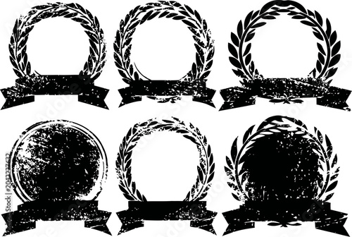 Set of six vintage laurel wreath badge designs with ribbon banners and grunge texture