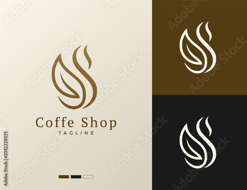 cafe logo in the form of coffee, leaves and a swan