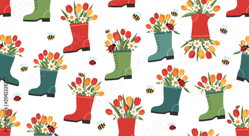 Seamless pattern featuring colorful rain boots filled with spring tulips and daisies, surrounded by buzzing bees and ladybugs.