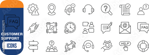 Customer service and support icons. headset icon set, question icon set, chat icon set