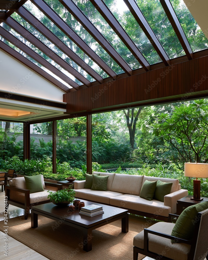 Fototapeta premium Sunlit Conservatory Lounge: A modern conservatory lounge blends indoor comfort with outdoor serenity, featuring plush seating arranged around a dark wood coffee table.