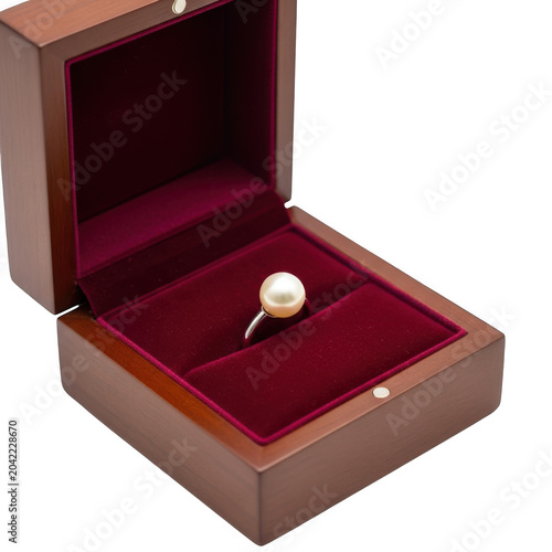 Elegant pearl ring in a wooden jewelry box isolated on transparent background