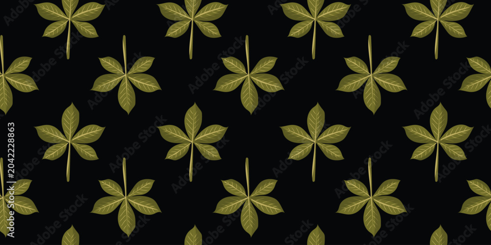 Fototapeta premium Luxury seamless pattern of autumn chestnut leaves with detailed lines on a solid black background repeatable vector wallpaper.